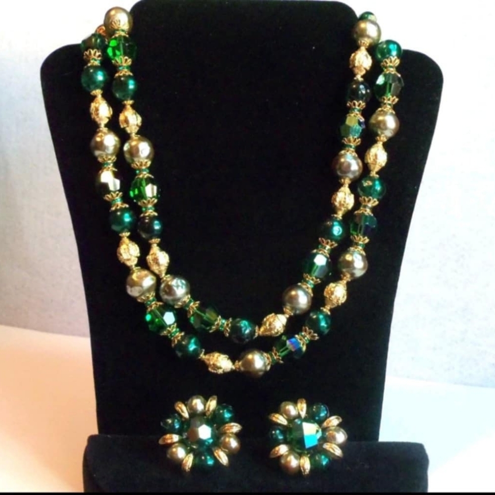 VTG Crown Trifari Alfred Phillipe Emerald Crystal Baroque Pearl Necklace Earring